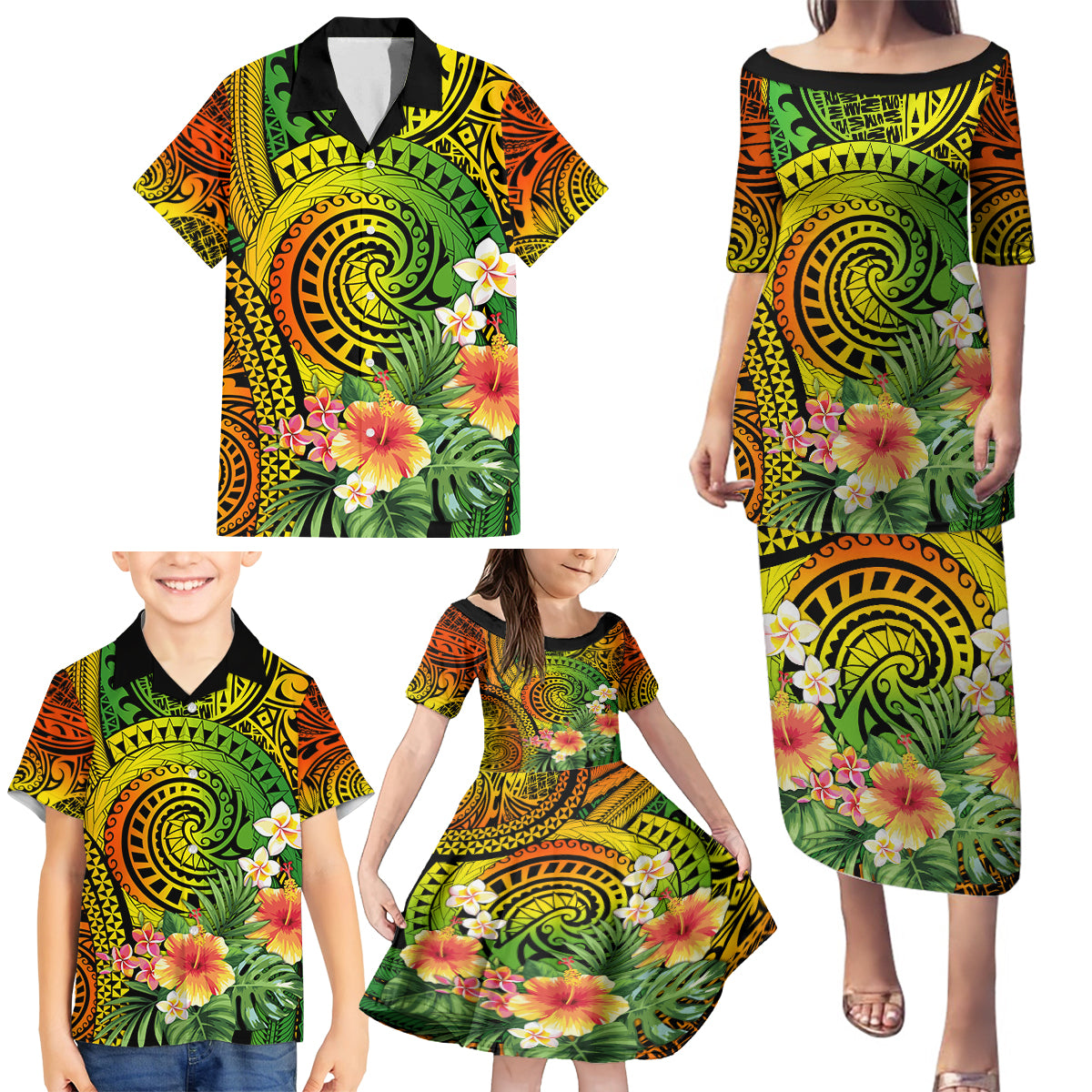 Polynesia Family Matching Puletasi Dress and Hawaiian Shirt Pasifika Tribal with Tropical Flowers - Wonder Print Shop
