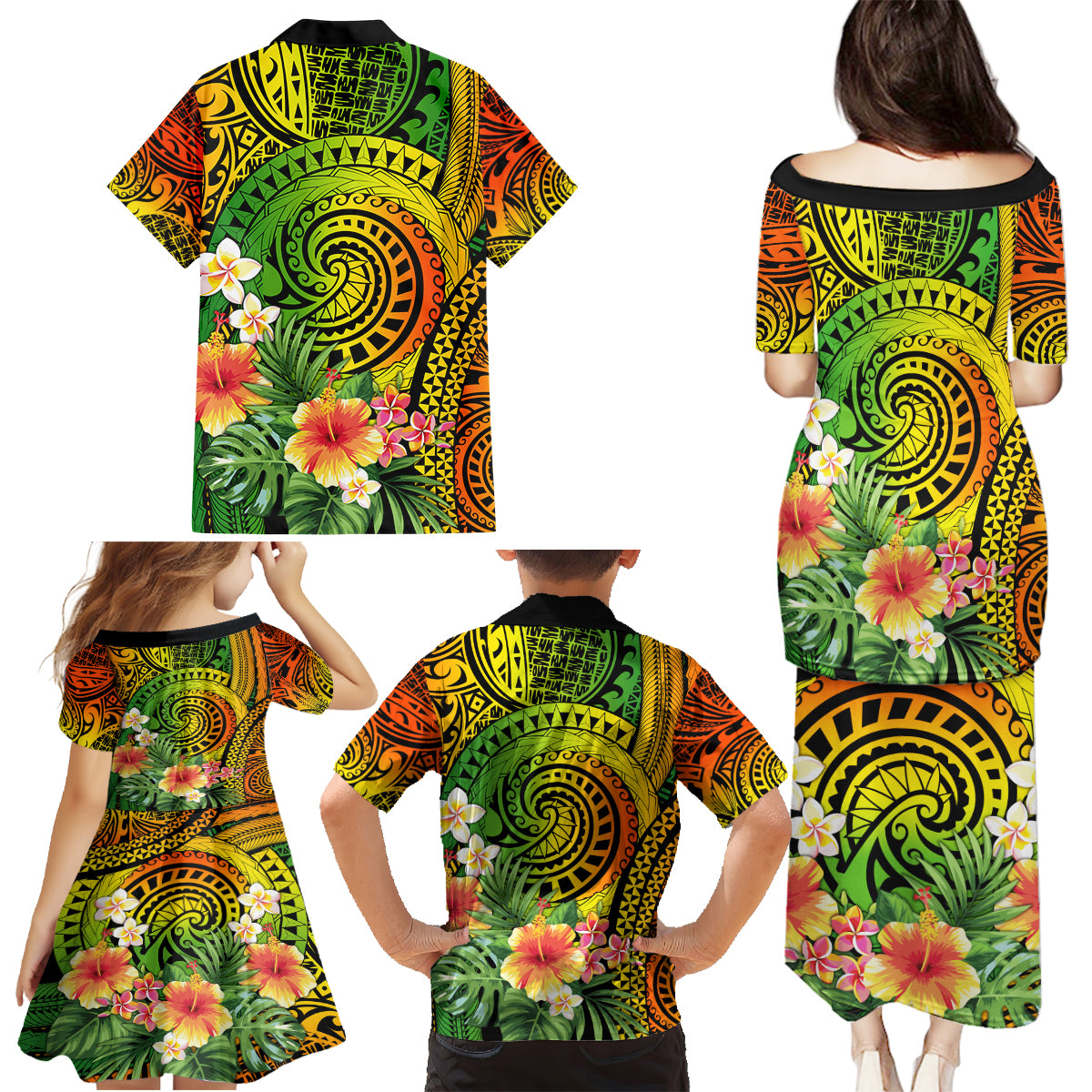 Polynesia Family Matching Puletasi Dress and Hawaiian Shirt Pasifika Tribal with Tropical Flowers - Wonder Print Shop