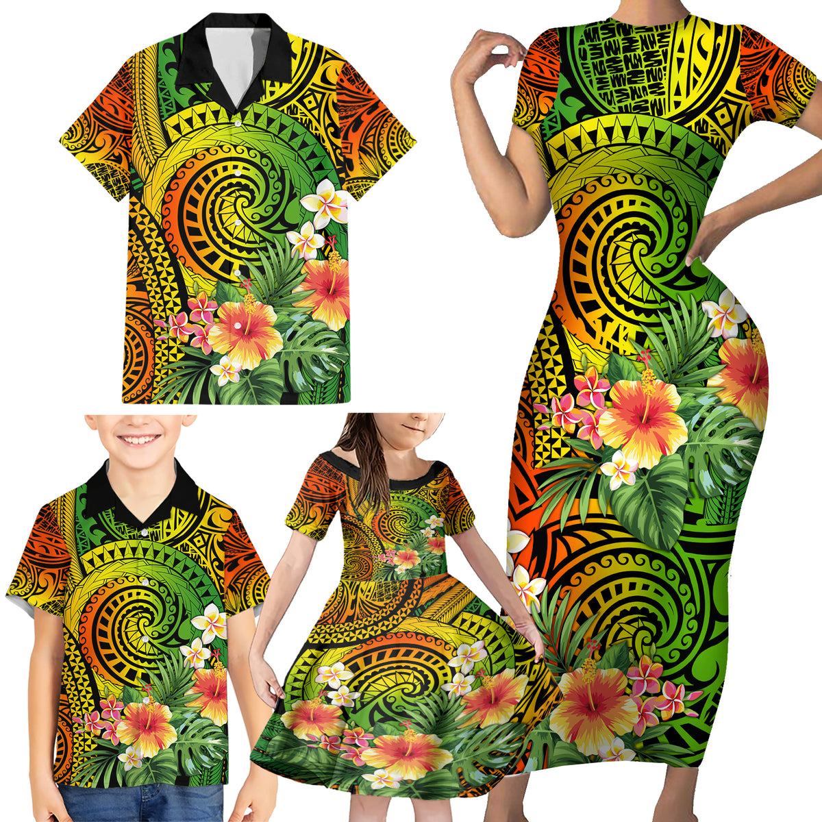 Polynesia Family Matching Short Sleeve Bodycon Dress and Hawaiian Shirt Pasifika Tribal with Tropical Flowers - Wonder Print Shop