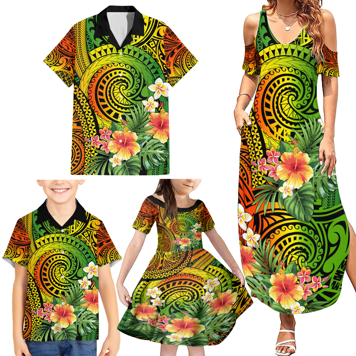 Polynesia Family Matching Summer Maxi Dress and Hawaiian Shirt Pasifika Tribal with Tropical Flowers - Wonder Print Shop