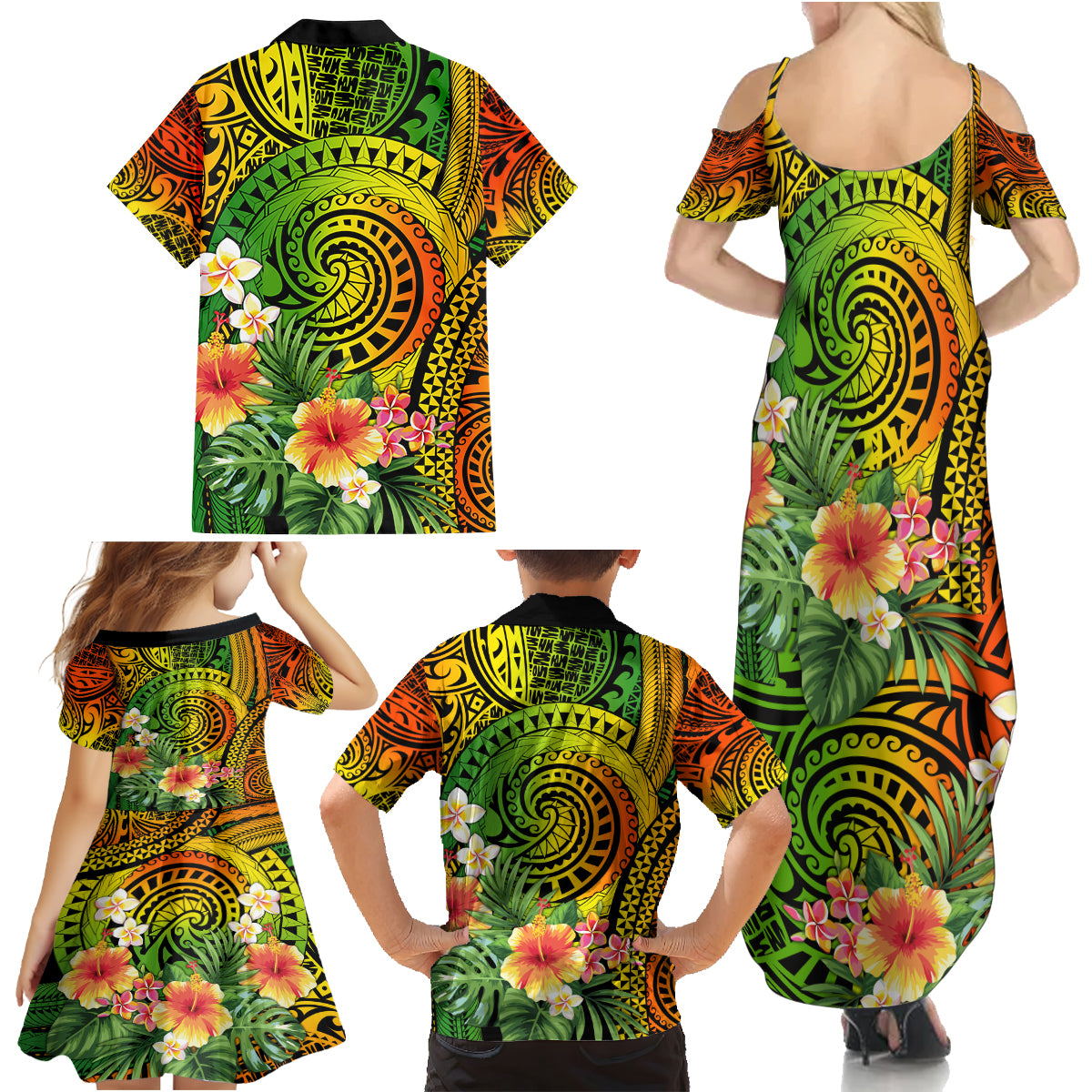 Polynesia Family Matching Summer Maxi Dress and Hawaiian Shirt Pasifika Tribal with Tropical Flowers - Wonder Print Shop