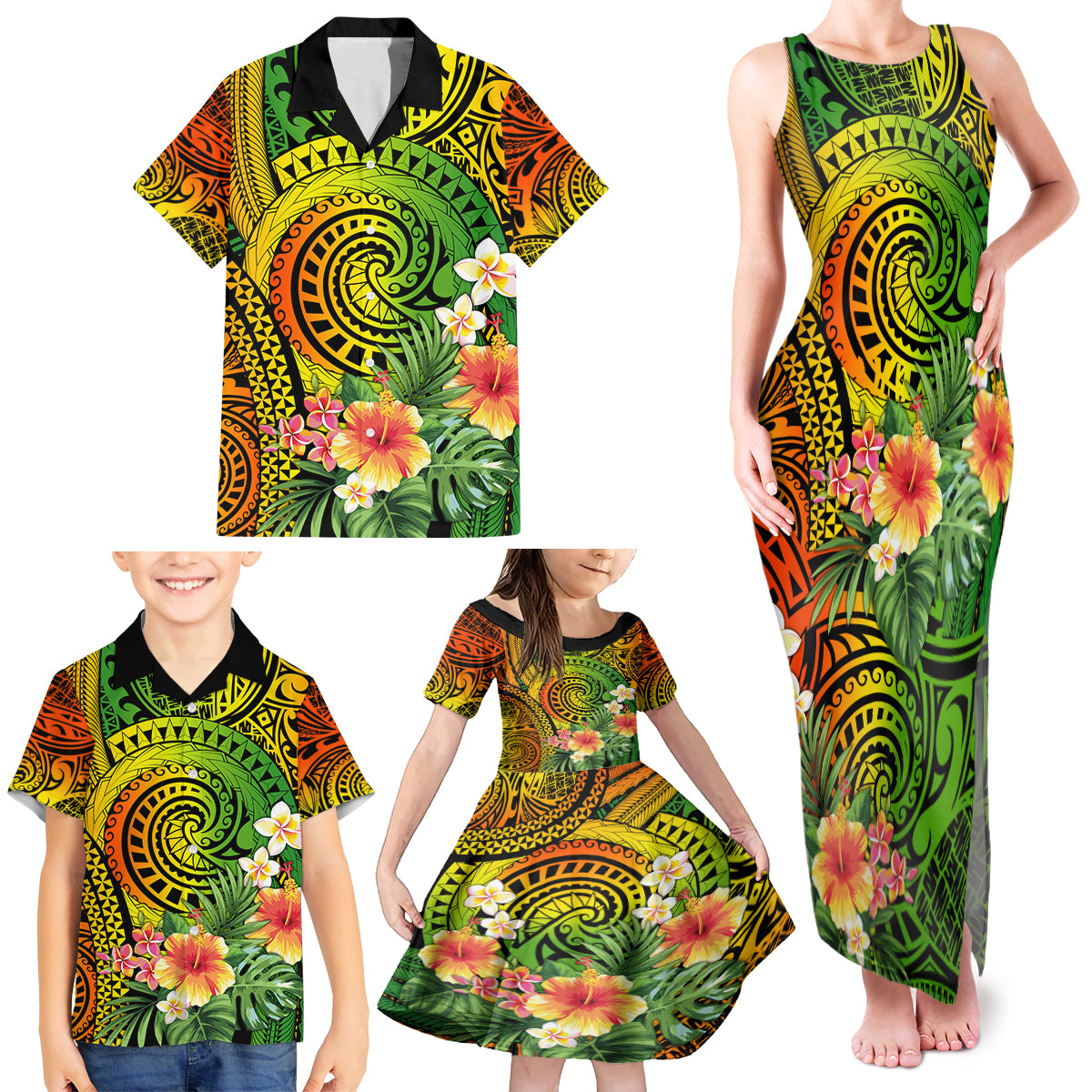 Polynesia Family Matching Tank Maxi Dress and Hawaiian Shirt Pasifika Tribal with Tropical Flowers - Wonder Print Shop