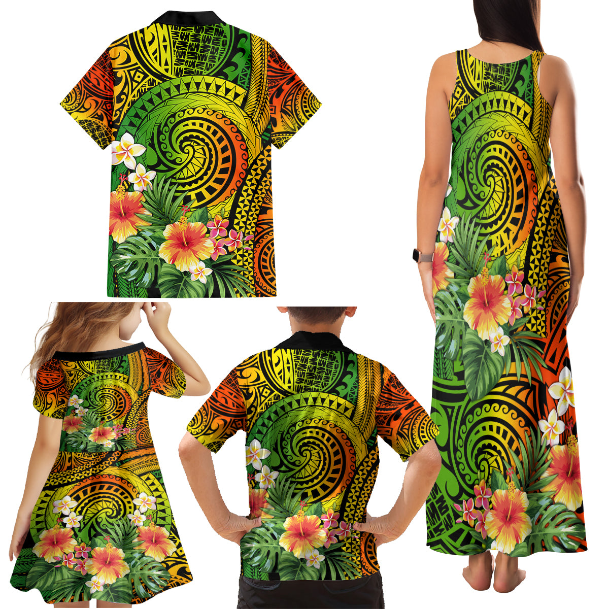 Polynesia Family Matching Tank Maxi Dress and Hawaiian Shirt Pasifika Tribal with Tropical Flowers - Wonder Print Shop