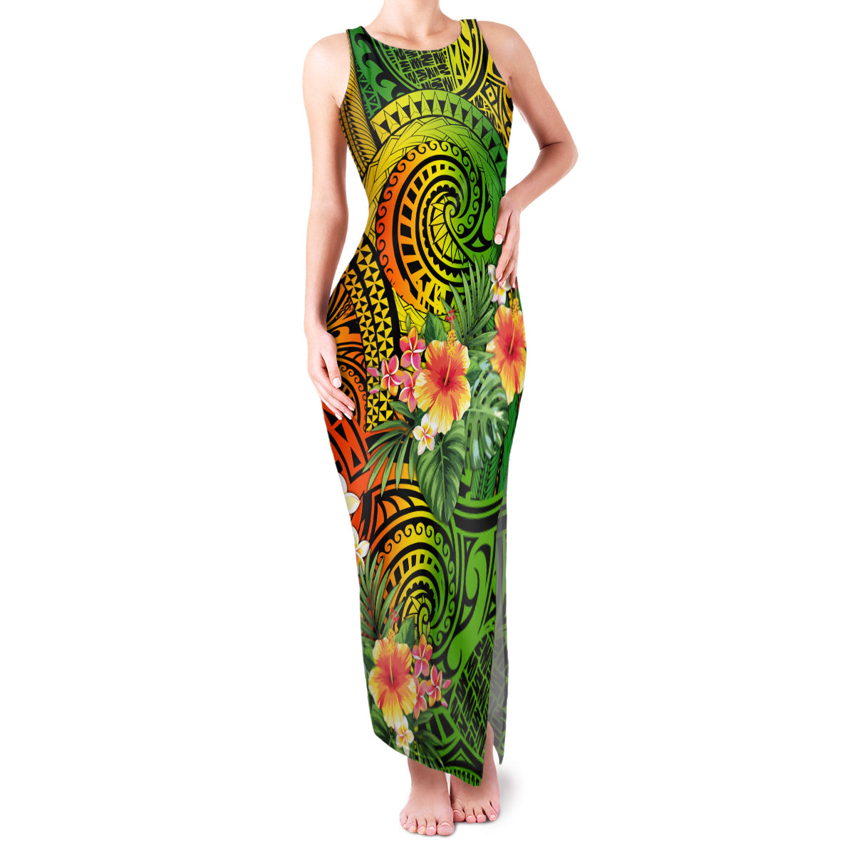 Polynesia Family Matching Tank Maxi Dress and Hawaiian Shirt Pasifika Tribal with Tropical Flowers - Wonder Print Shop