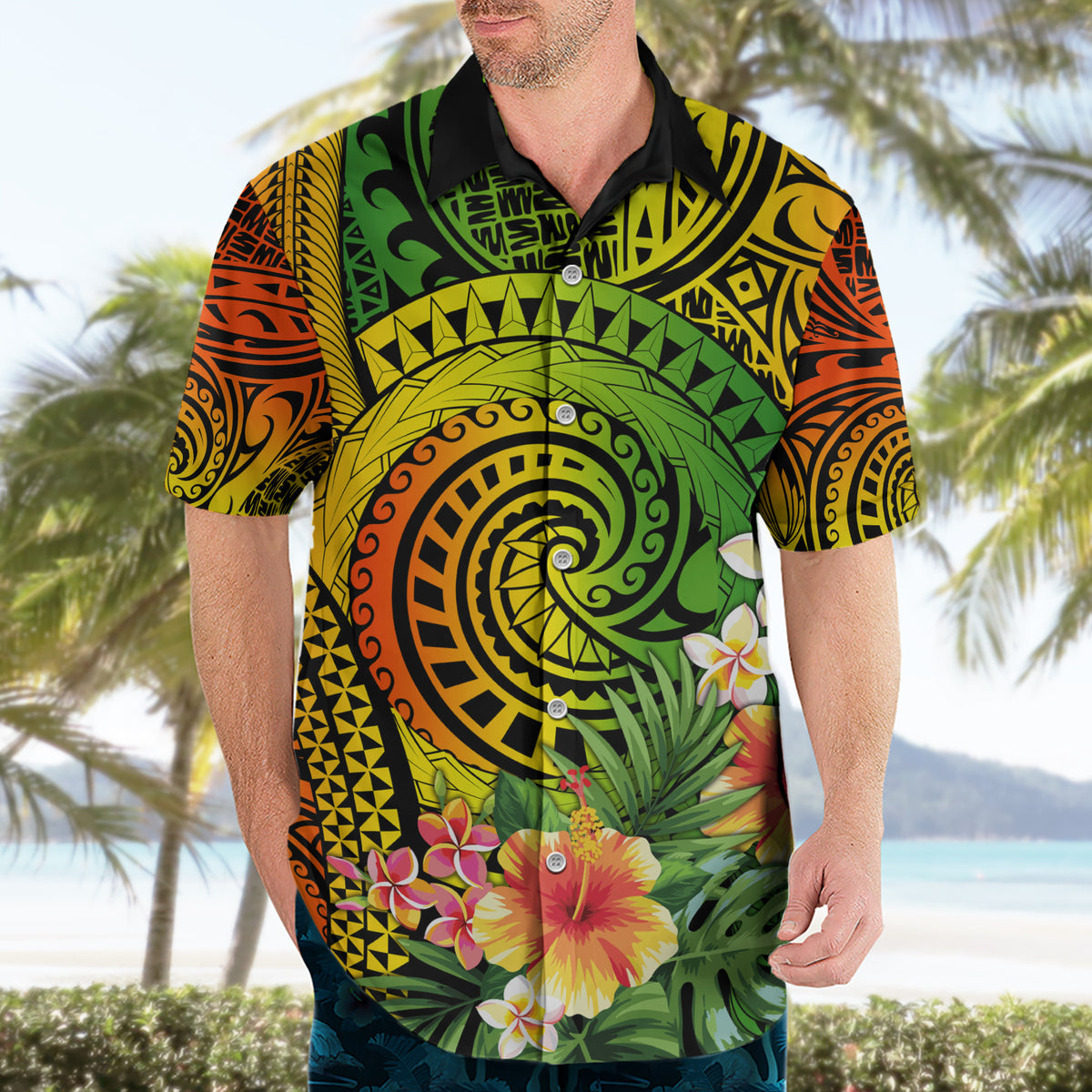 Polynesia Hawaiian Shirt Pasifika Tribal with Tropical Flowers - Wonder Print Shop