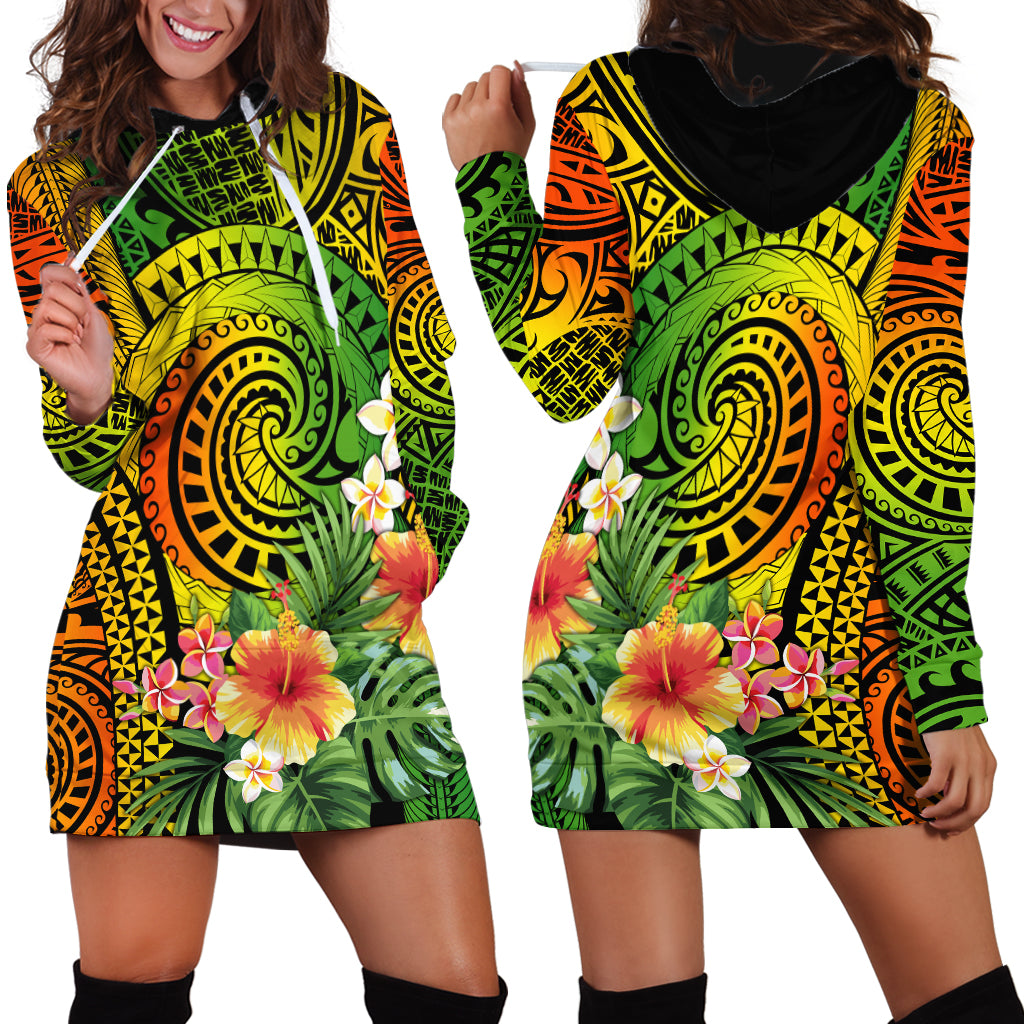 Polynesia Hoodie Dress Pasifika Tribal with Tropical Flowers - Wonder Print Shop