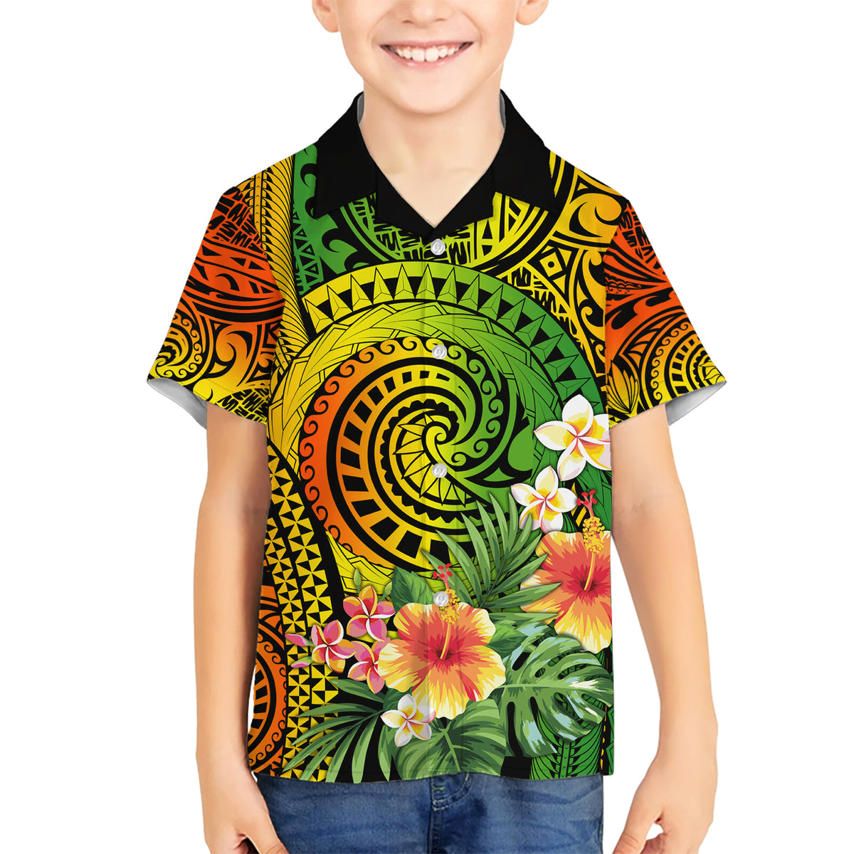 Polynesia Kid Hawaiian Shirt Pasifika Tribal with Tropical Flowers - Wonder Print Shop