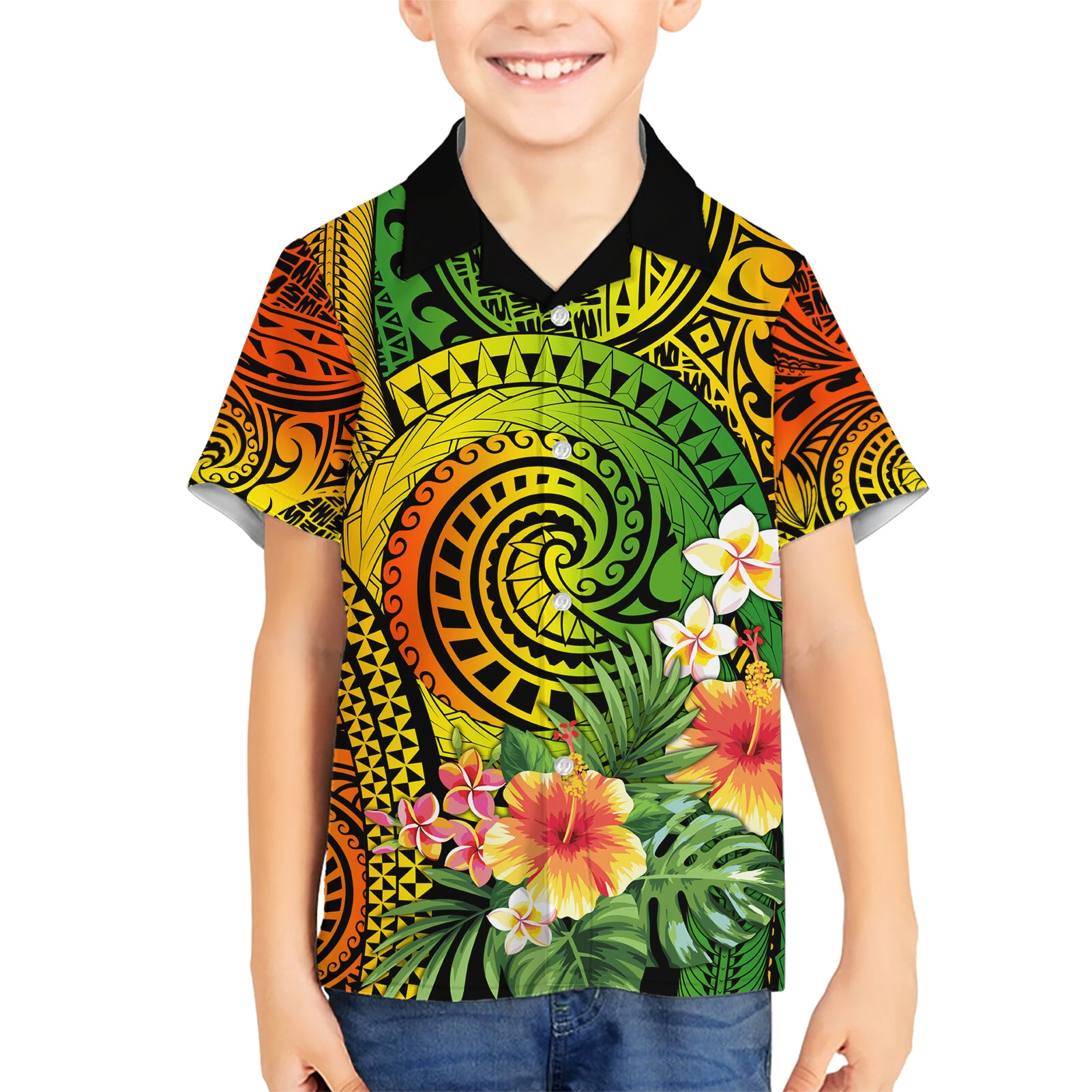 Polynesia Kid Hawaiian Shirt Pasifika Tribal with Tropical Flowers - Wonder Print Shop