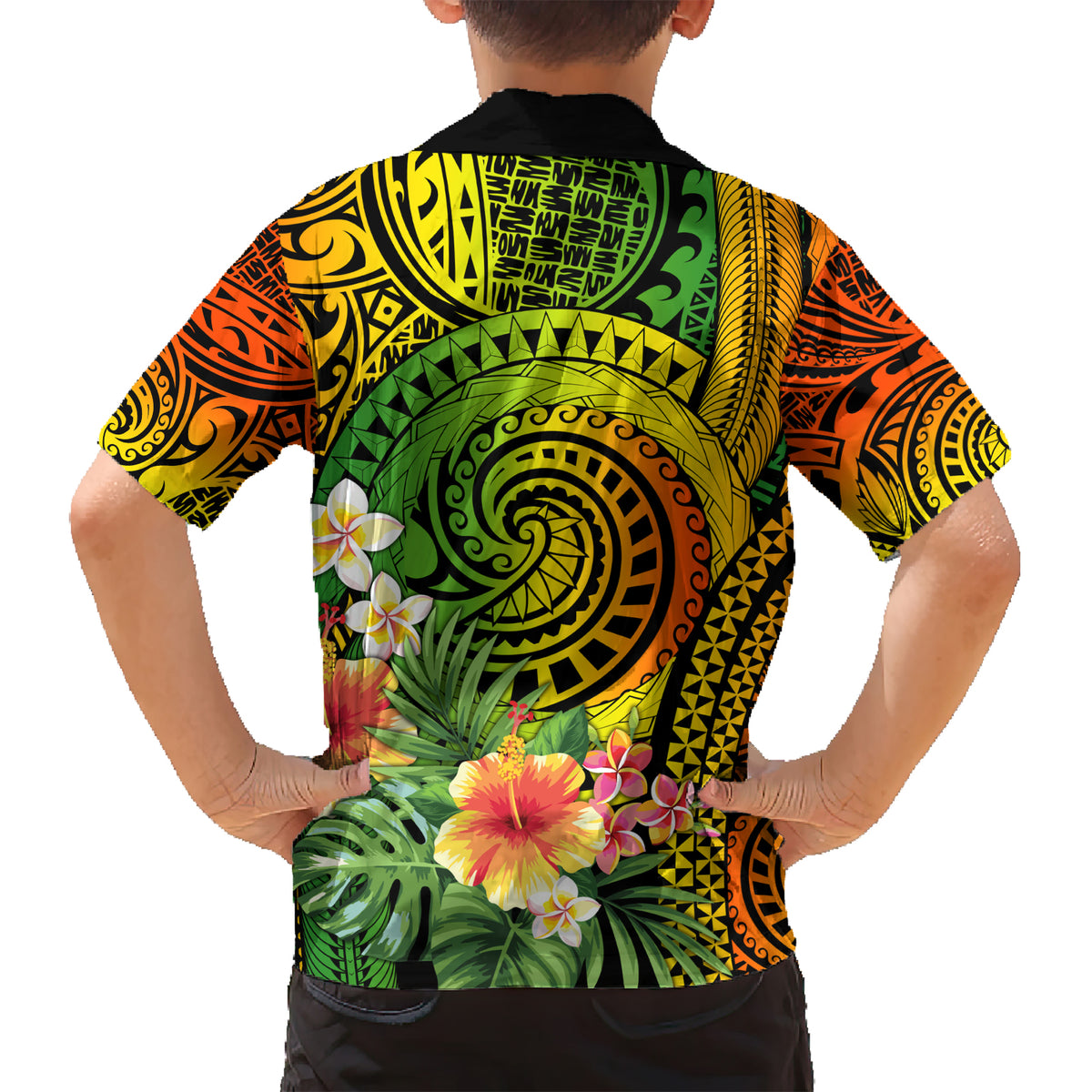Polynesia Kid Hawaiian Shirt Pasifika Tribal with Tropical Flowers - Wonder Print Shop