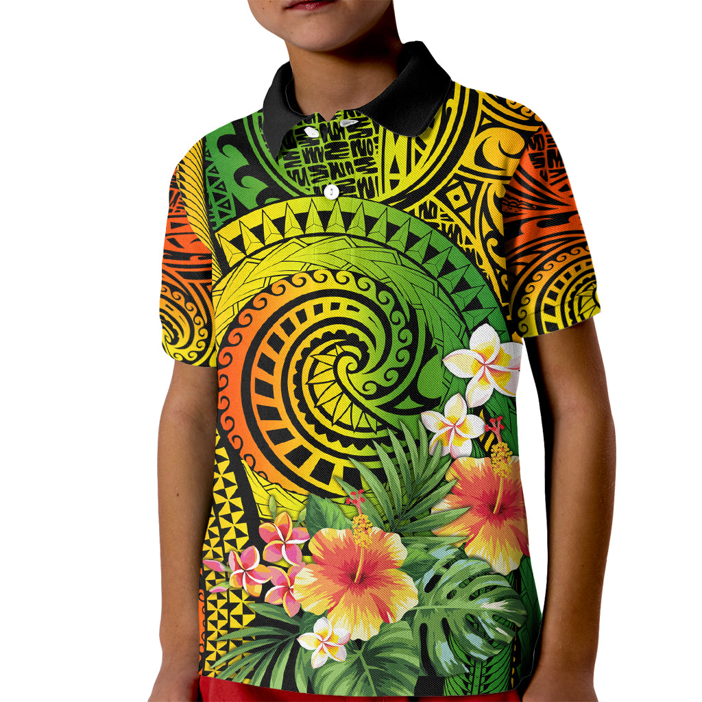 Polynesia Kid Polo Shirt Pasifika Tribal with Tropical Flowers - Wonder Print Shop