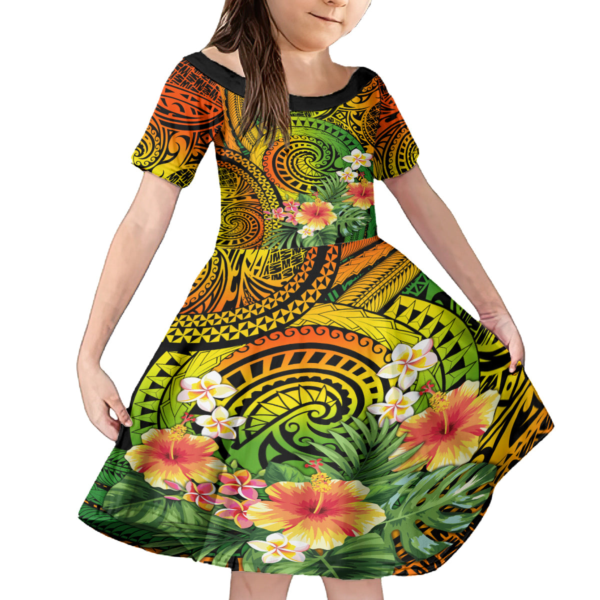 Polynesia Kid Short Sleeve Dress Pasifika Tribal with Tropical Flowers - Wonder Print Shop