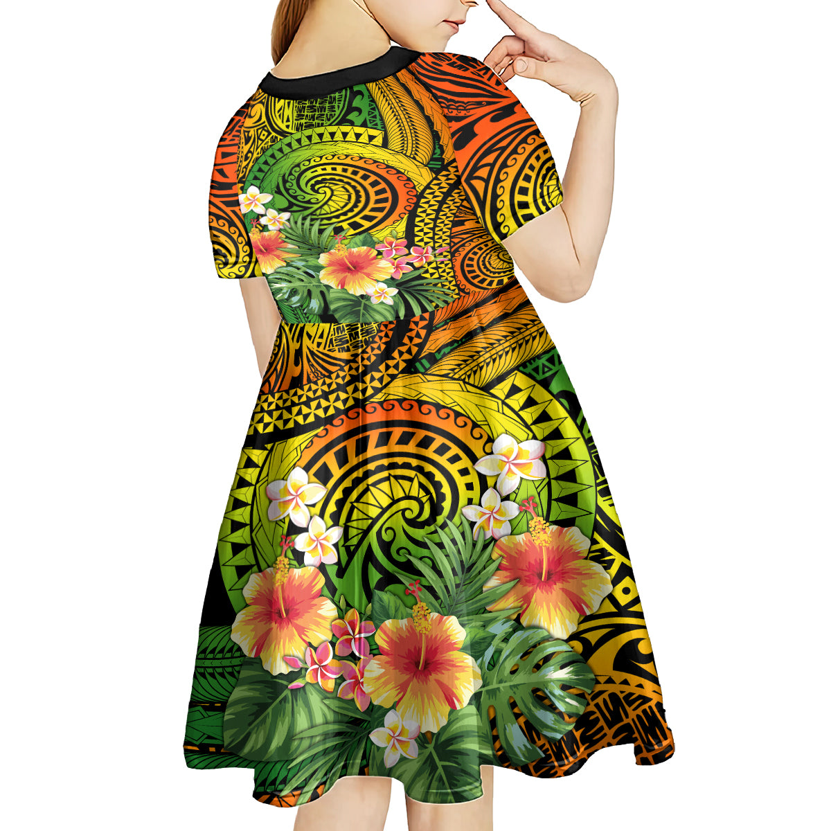 Polynesia Kid Short Sleeve Dress Pasifika Tribal with Tropical Flowers - Wonder Print Shop