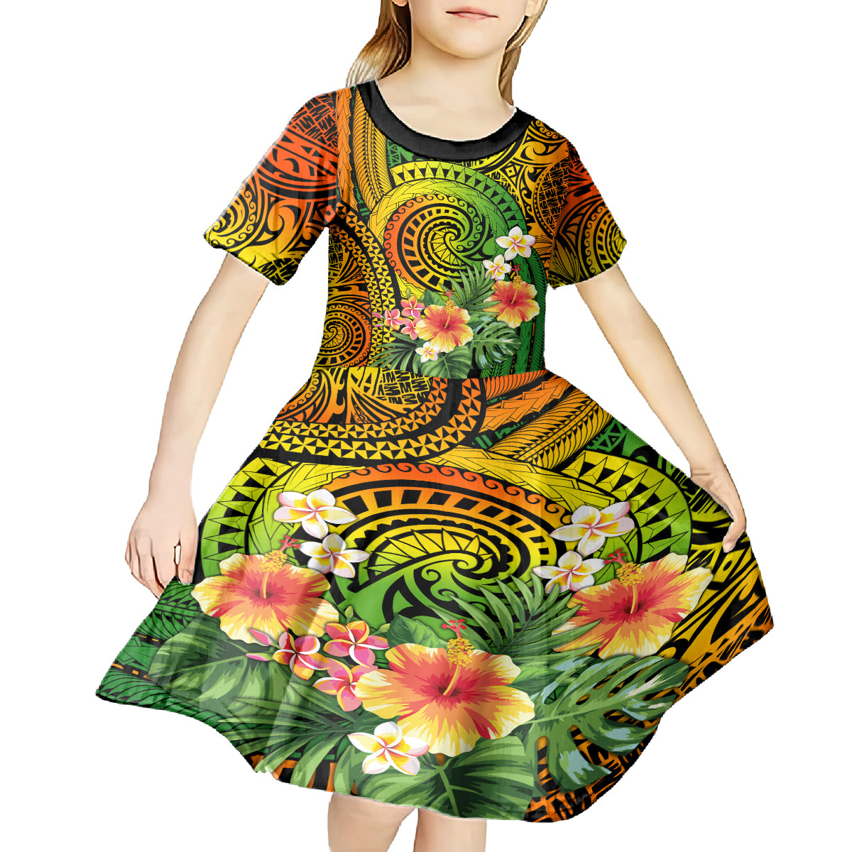 Polynesia Kid Short Sleeve Dress Pasifika Tribal with Tropical Flowers - Wonder Print Shop