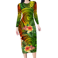 Polynesia Long Sleeve Bodycon Dress Pasifika Tribal with Tropical Flowers - Wonder Print Shop