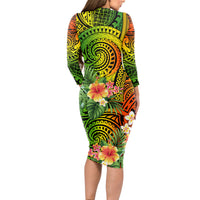 Polynesia Long Sleeve Bodycon Dress Pasifika Tribal with Tropical Flowers - Wonder Print Shop