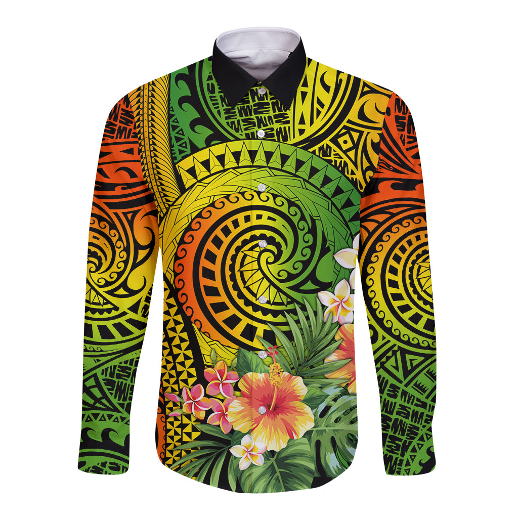 Polynesia Long Sleeve Button Shirt Pasifika Tribal with Tropical Flowers - Wonder Print Shop