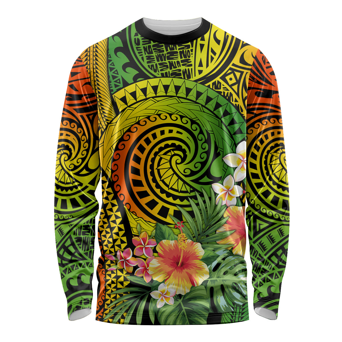 Polynesia Long Sleeve Shirt Pasifika Tribal with Tropical Flowers - Wonder Print Shop