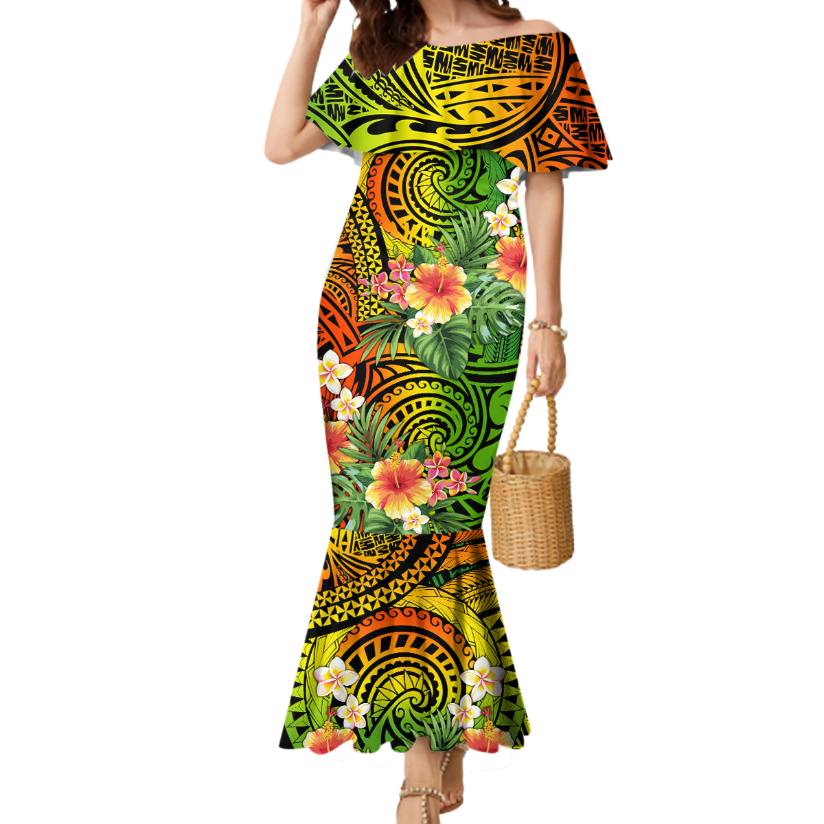 Polynesia Mermaid Dress Pasifika Tribal with Tropical Flowers - Wonder Print Shop