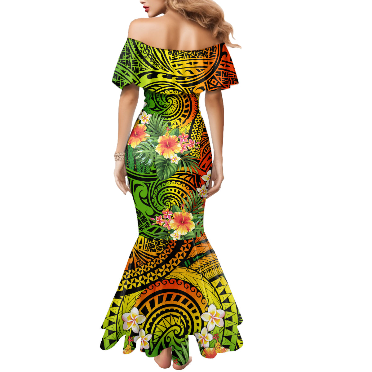 Polynesia Mermaid Dress Pasifika Tribal with Tropical Flowers - Wonder Print Shop
