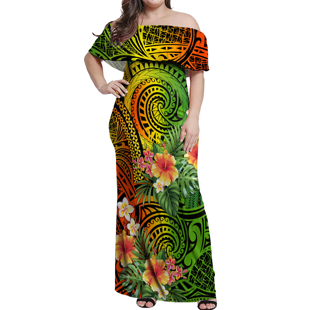 Polynesia Off Shoulder Maxi Dress Pasifika Tribal with Tropical Flowers - Wonder Print Shop