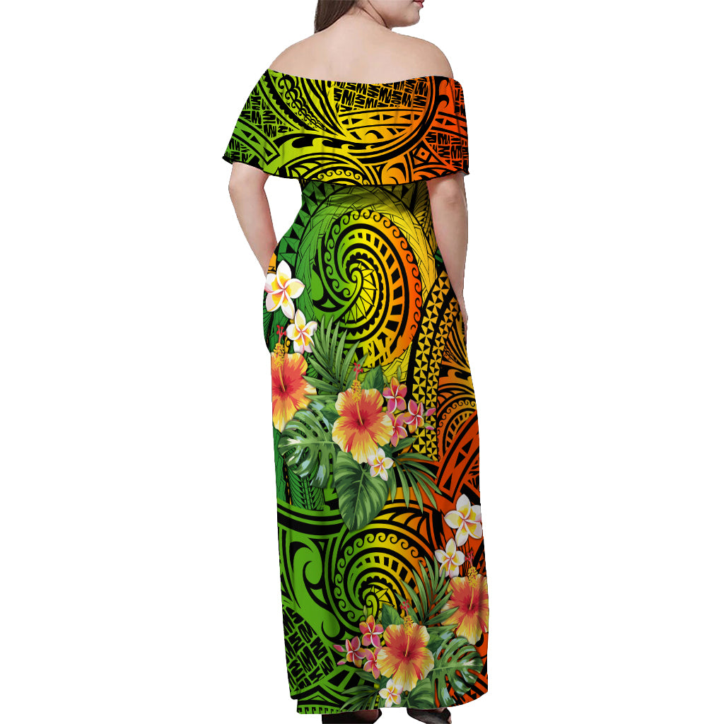 Polynesia Off Shoulder Maxi Dress Pasifika Tribal with Tropical Flowers - Wonder Print Shop