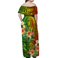 Polynesia Off Shoulder Maxi Dress Pasifika Tribal with Tropical Flowers - Wonder Print Shop