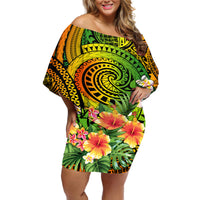 Polynesia Off Shoulder Short Dress Pasifika Tribal with Tropical Flowers - Wonder Print Shop