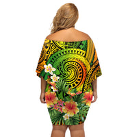 Polynesia Off Shoulder Short Dress Pasifika Tribal with Tropical Flowers - Wonder Print Shop