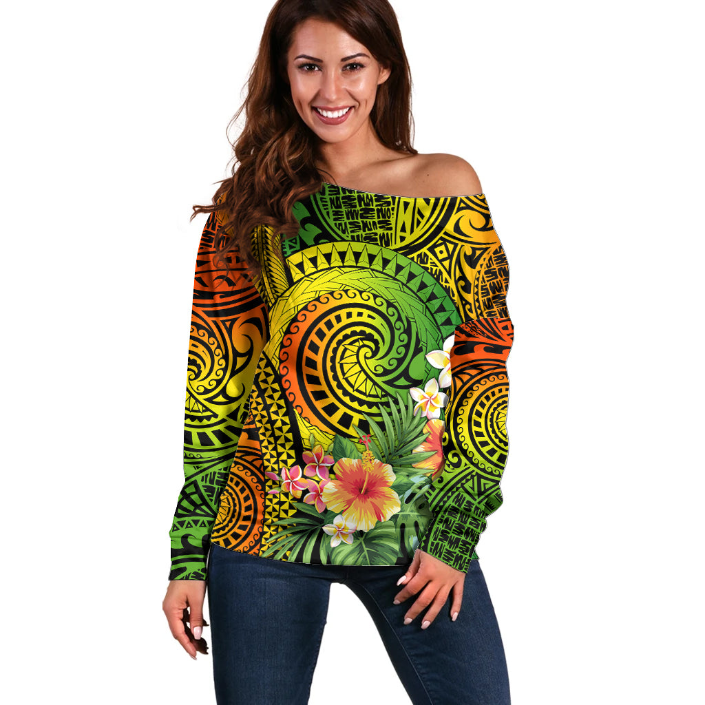 Polynesia Off Shoulder Sweater Pasifika Tribal with Tropical Flowers - Wonder Print Shop