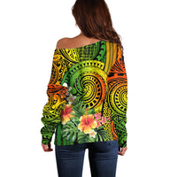 Polynesia Off Shoulder Sweater Pasifika Tribal with Tropical Flowers - Wonder Print Shop