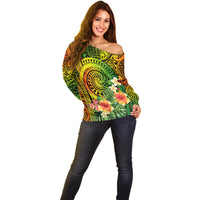 Polynesia Off Shoulder Sweater Pasifika Tribal with Tropical Flowers - Wonder Print Shop