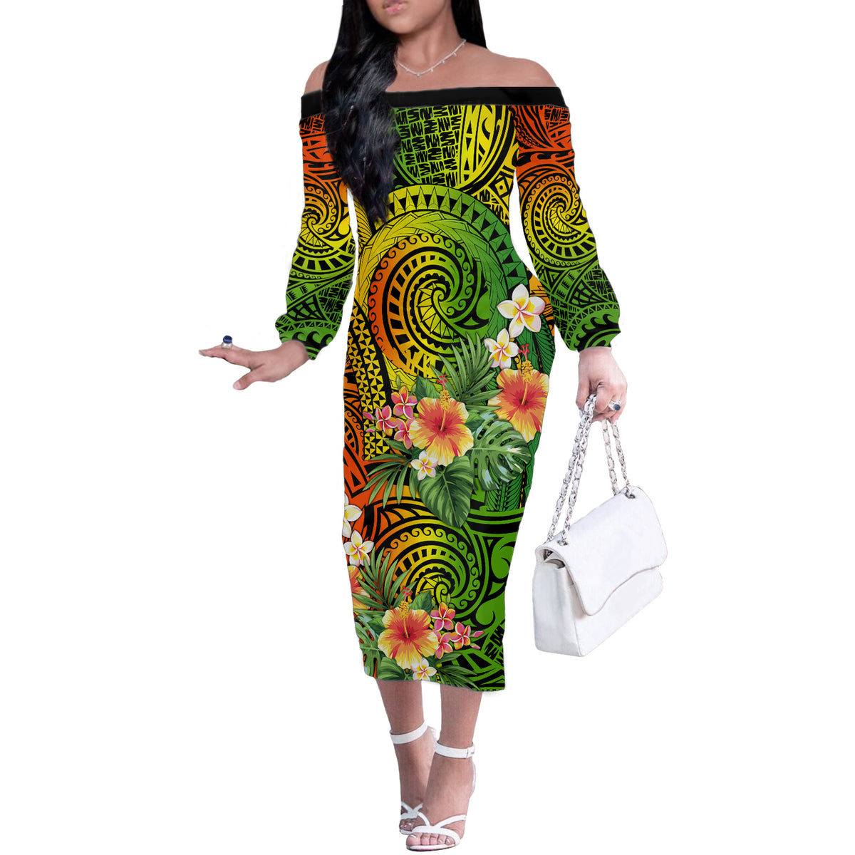 Polynesia Off The Shoulder Long Sleeve Dress Pasifika Tribal with Tropical Flowers - Wonder Print Shop