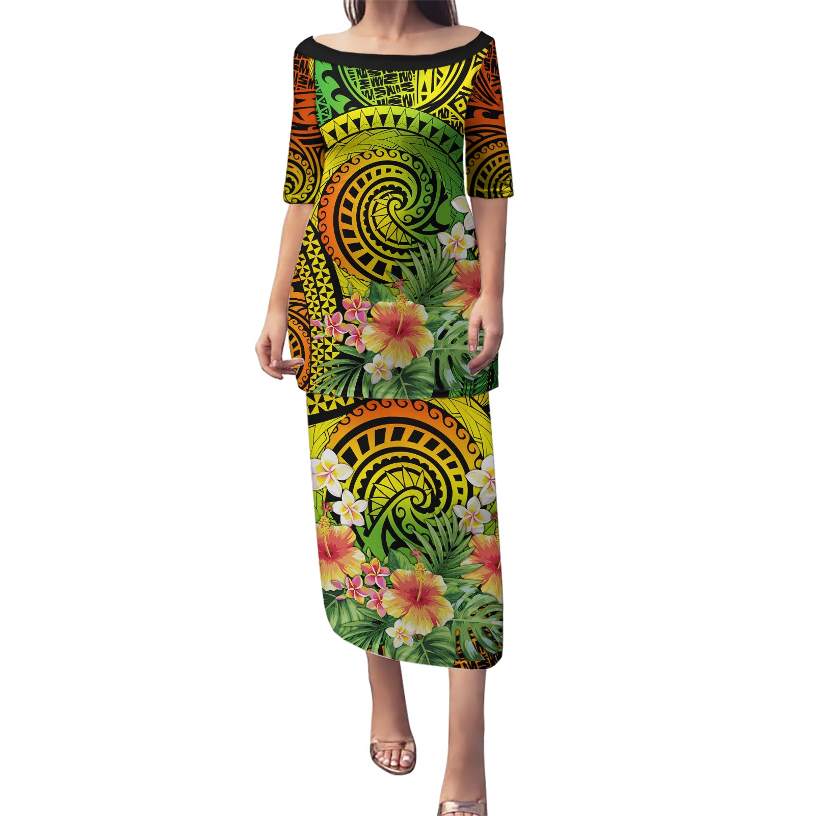 Polynesia Puletasi Pasifika Tribal with Tropical Flowers - Wonder Print Shop