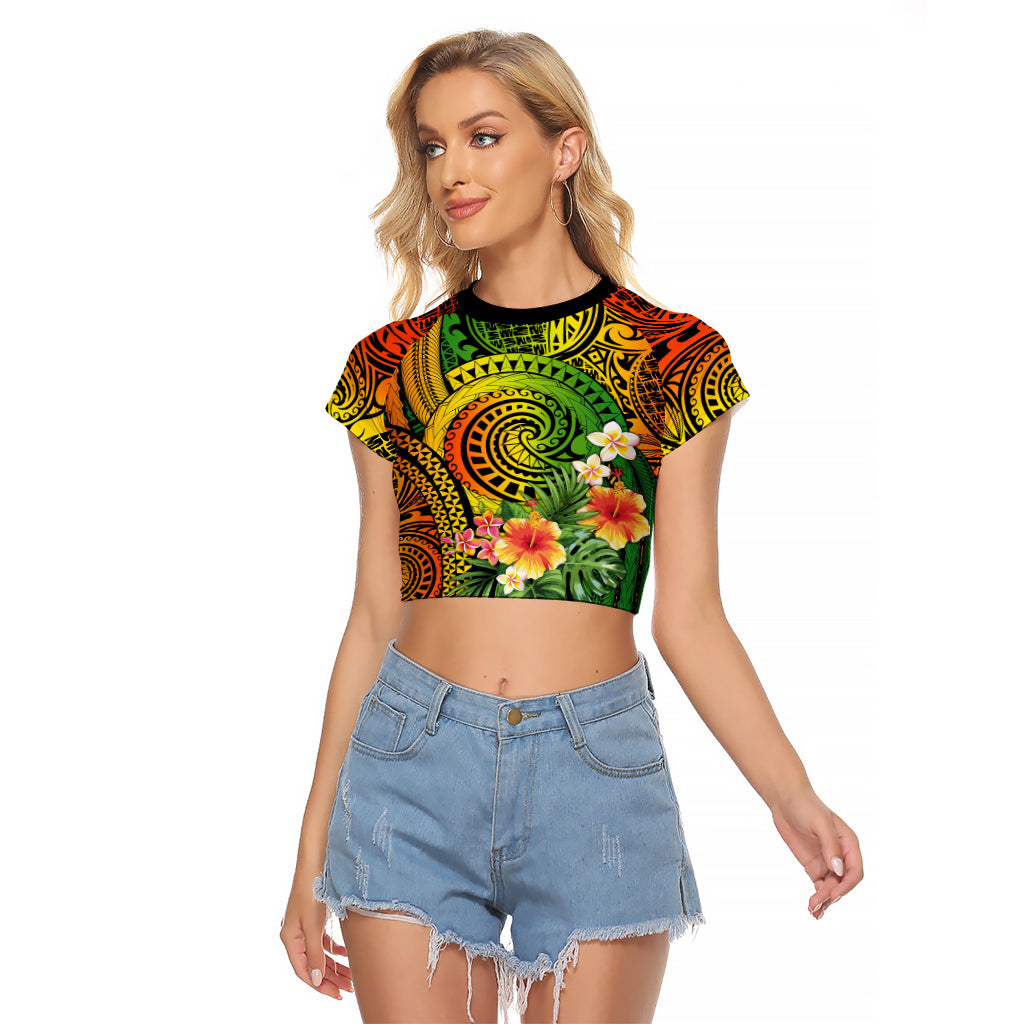 Polynesia Raglan Cropped T Shirt Pasifika Tribal with Tropical Flowers - Wonder Print Shop