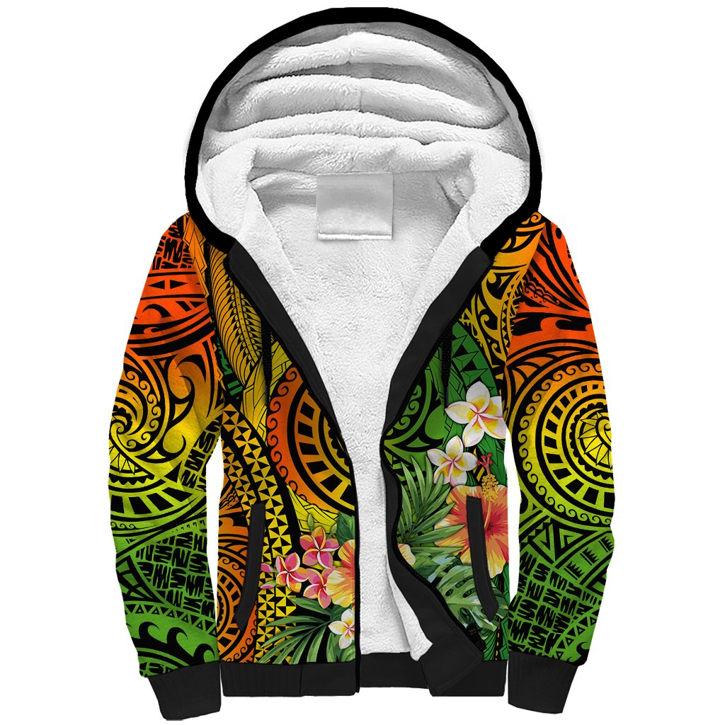 Polynesia Sherpa Hoodie Pasifika Tribal with Tropical Flowers - Wonder Print Shop