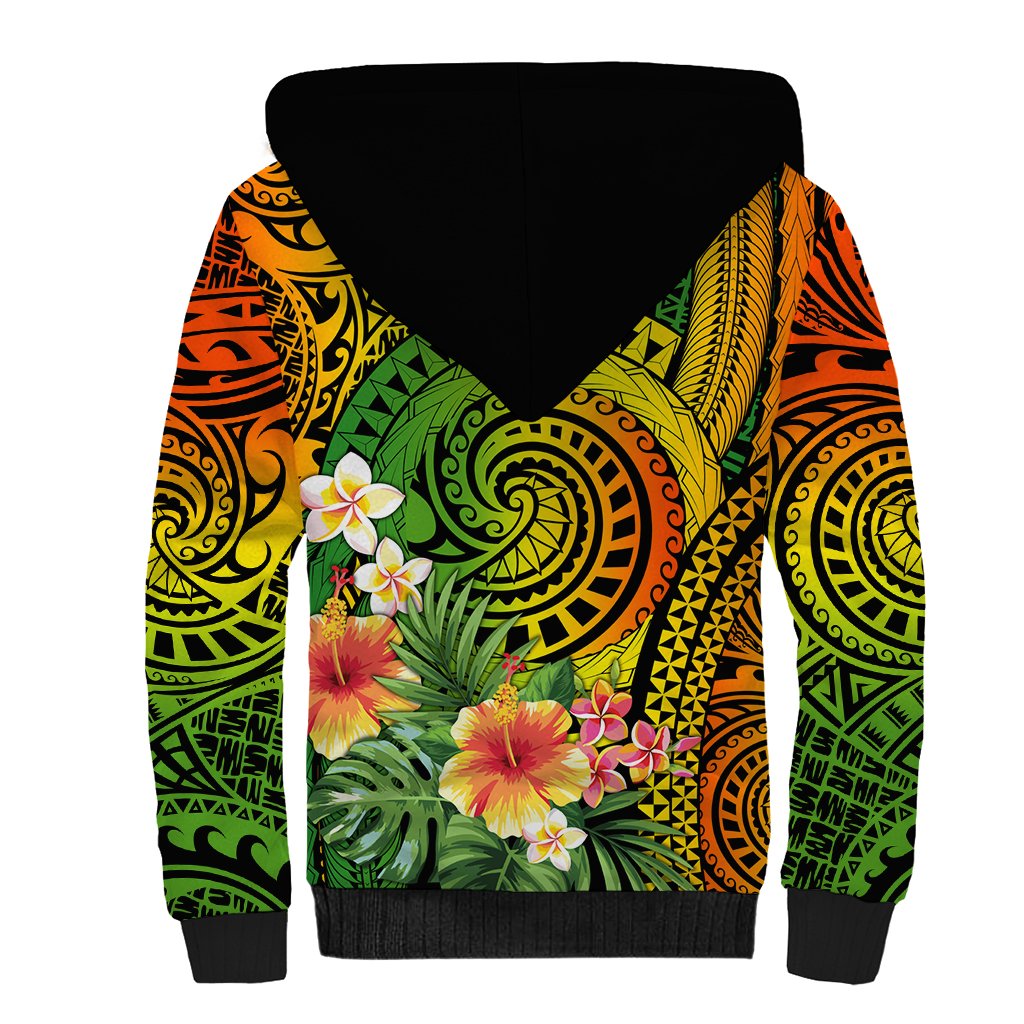Polynesia Sherpa Hoodie Pasifika Tribal with Tropical Flowers - Wonder Print Shop