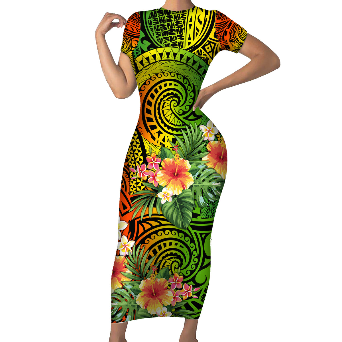 Polynesia Short Sleeve Bodycon Dress Pasifika Tribal with Tropical Flowers - Wonder Print Shop