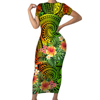 Polynesia Short Sleeve Bodycon Dress Pasifika Tribal with Tropical Flowers - Wonder Print Shop