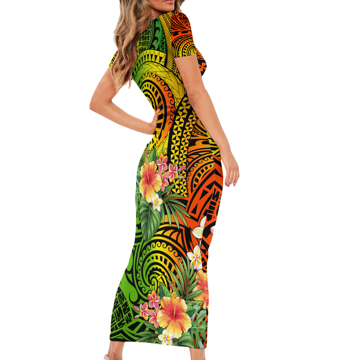 Polynesia Short Sleeve Bodycon Dress Pasifika Tribal with Tropical Flowers - Wonder Print Shop