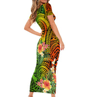 Polynesia Short Sleeve Bodycon Dress Pasifika Tribal with Tropical Flowers - Wonder Print Shop