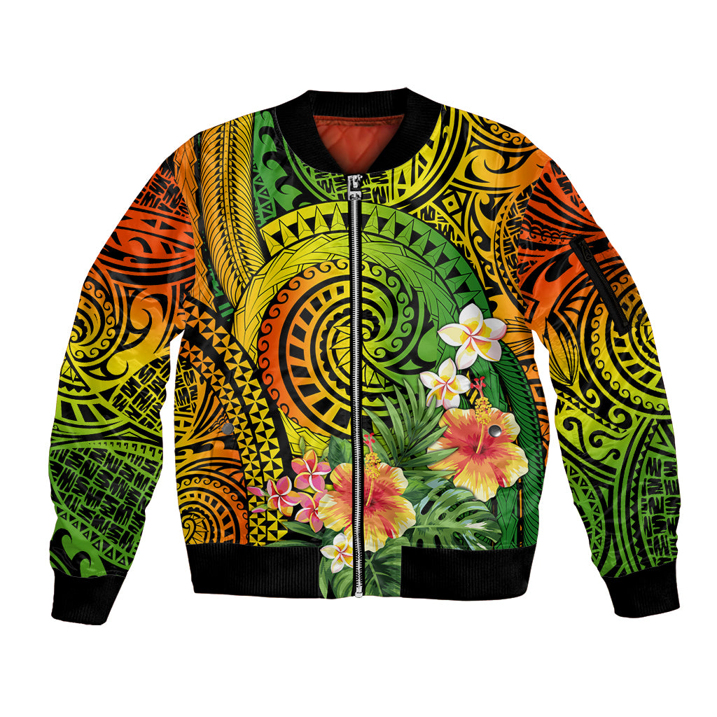 Polynesia Sleeve Zip Bomber Jacket Pasifika Tribal with Tropical Flowers - Wonder Print Shop