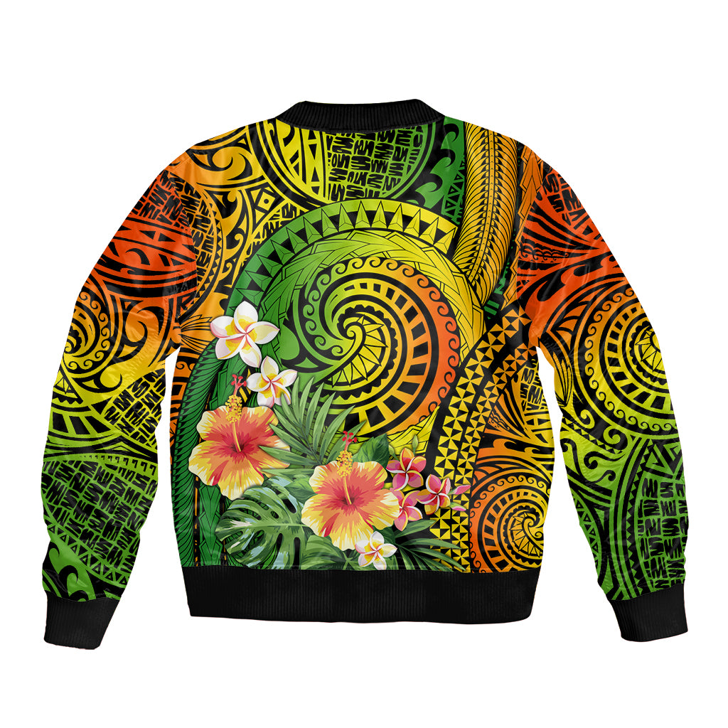 Polynesia Sleeve Zip Bomber Jacket Pasifika Tribal with Tropical Flowers - Wonder Print Shop