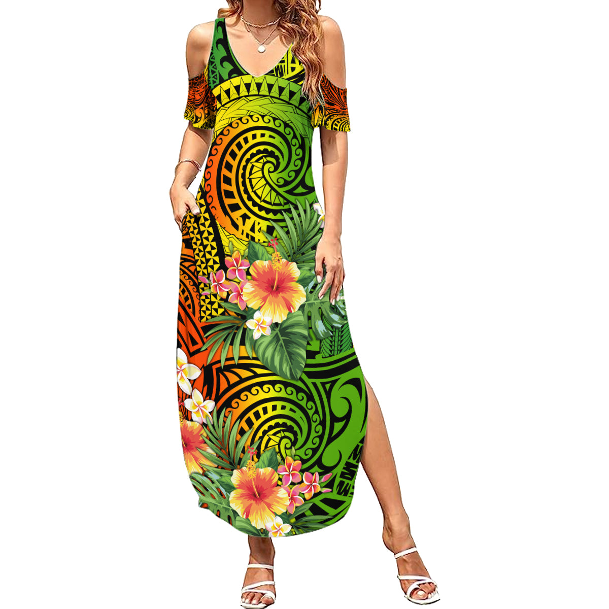 Polynesia Summer Maxi Dress Pasifika Tribal with Tropical Flowers - Wonder Print Shop