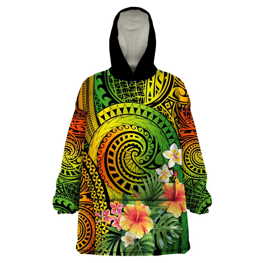 Polynesia Wearable Blanket Hoodie Pasifika Tribal with Tropical Flowers - Wonder Print Shop
