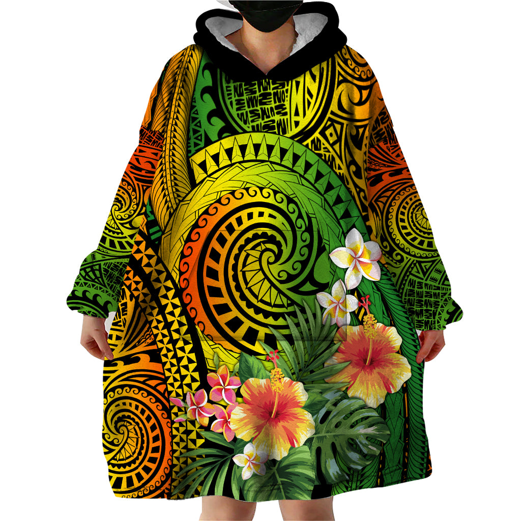 Polynesia Wearable Blanket Hoodie Pasifika Tribal with Tropical Flowers - Wonder Print Shop