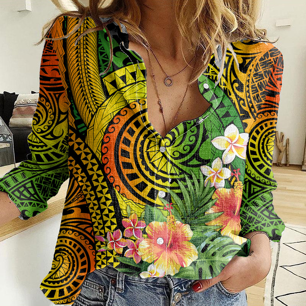 Polynesia Women Casual Shirt Pasifika Tribal with Tropical Flowers - Wonder Print Shop