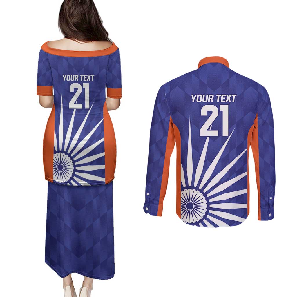 India Cricket Custom Couples Matching Puletasi and Long Sleeve Button Shirt Ashoka Chakra with Flag Style LT9 - Wonder Print Shop