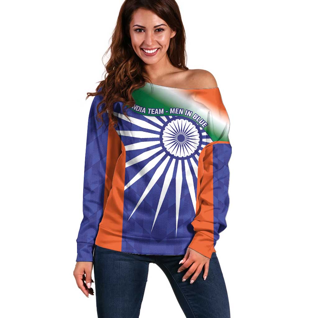 India Cricket Custom Off Shoulder Sweater Ashoka Chakra with Flag Style - Wonder Print Shop