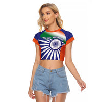 India Cricket Custom Raglan Cropped T Shirt Ashoka Chakra with Flag Style - Wonder Print Shop