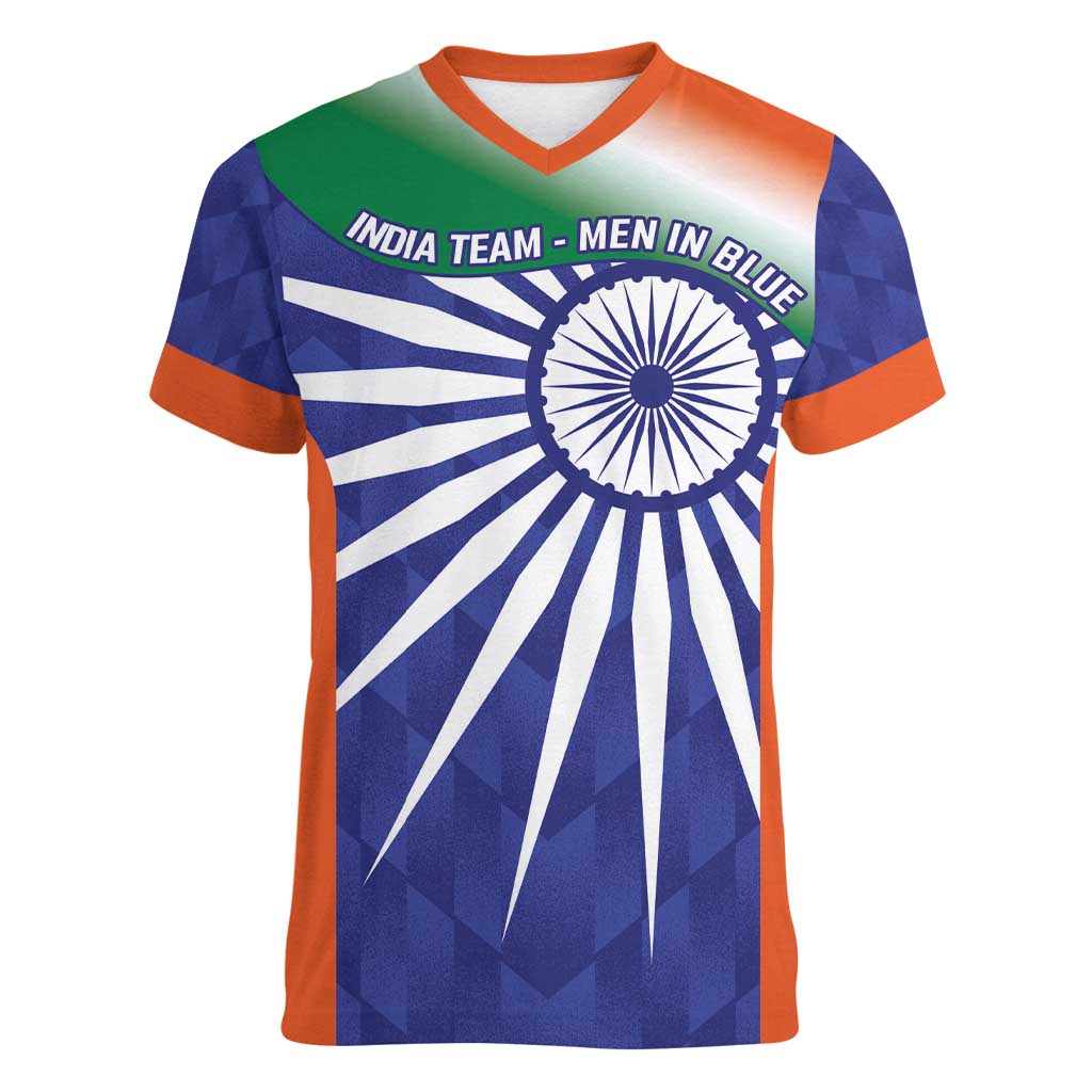 India Cricket Custom Women V-Neck T-Shirt Ashoka Chakra with Flag Style - Wonder Print Shop
